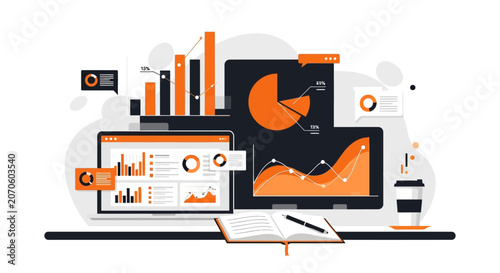 Business analytics dashboard on computer screen in modern office setting with orange and black color scheme in flat design for finance and marketing