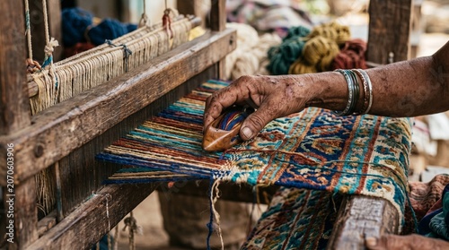 Close-up of hands weaving colorful textile on traditional loom