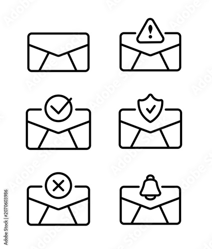 Outline email security icons set including secure mail, verified email, email alert, protected messages and notification symbols for cybersecurity UI and apps.