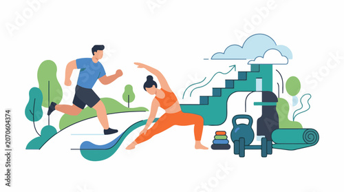 Illustration of a man and woman engaging in outdoor fitness activities