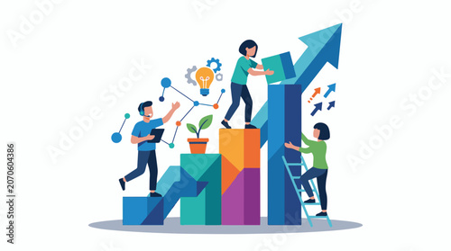 Illustration of three people working together to climb a large bar graph with an upward arrow