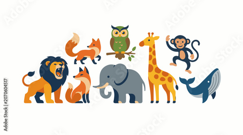 Colorful illustration of eight animals including a lion, two foxes, an owl, a monkey, a giraffe, an elephant, and a whale