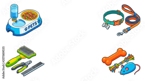 Isometric pet care accessory set, professional dog grooming tools and cat toys, colorful animal supplies for veterinary clinics and pet shops isolated PNG with Transparent Background