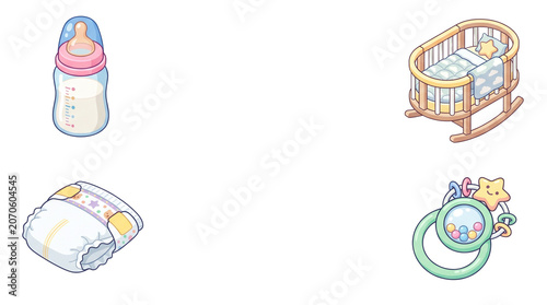 Pastel baby care essentials set, cute nursery furniture and accessories, isometric infant feeding bottle and crib, soft blue and pink diaper and rattle isolated PNG with Transparent Background