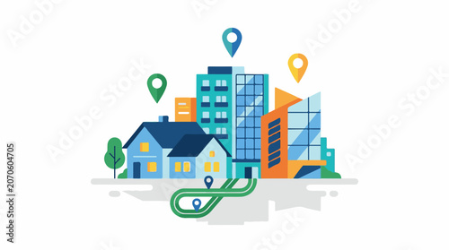 Colorful cityscape with buildings, houses, and map markers