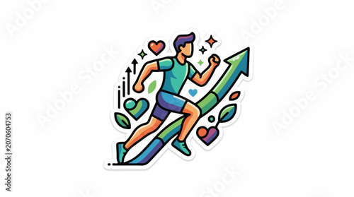 A colorful illustration of a running man with hearts and an arrow
