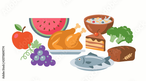 Colorful arrangement of various foods on a plain white background