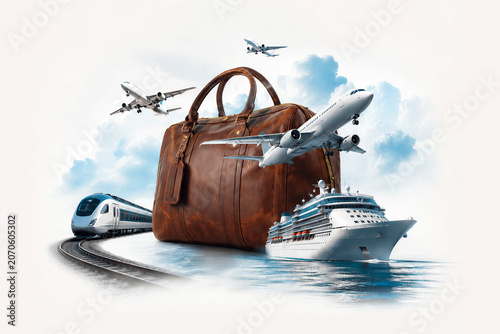 Luxury leather travel bag with planes, train and cruise ship against soft blue clouds and ocean.