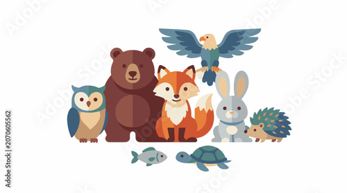A colorful illustration of eight animals and a fish