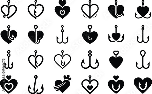 Foto Heart shape and fishing hook combination symbols for romantic or hobby design el