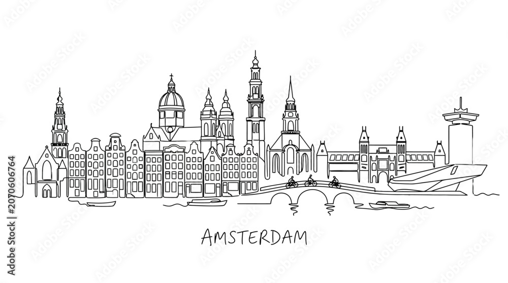 Fototapeta premium Minimalistic Line Art Illustration Depicting Amsterdam's Iconic Skyline with Historic Buildings and Modern Structures Capturing