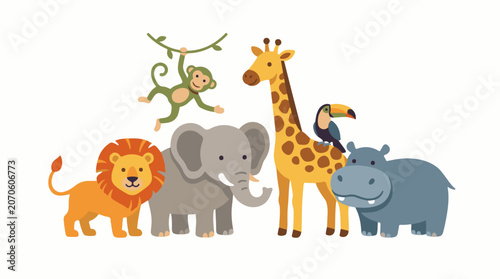 A colorful illustration of six animals, including a lion, elephant, monkey, giraffe, toucan, and hippopotamus