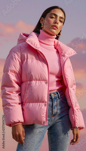 Woman in pink puffer jacket and jeans outdoors.