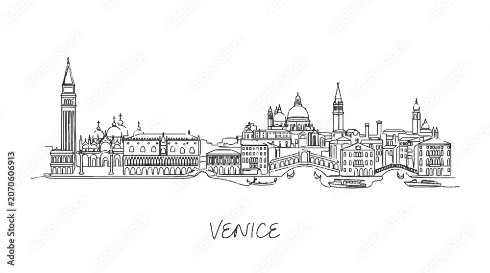 Fototapeta premium Minimalist line art depiction of the iconic Venice skyline with historic architecture and famous landmarks in black and white