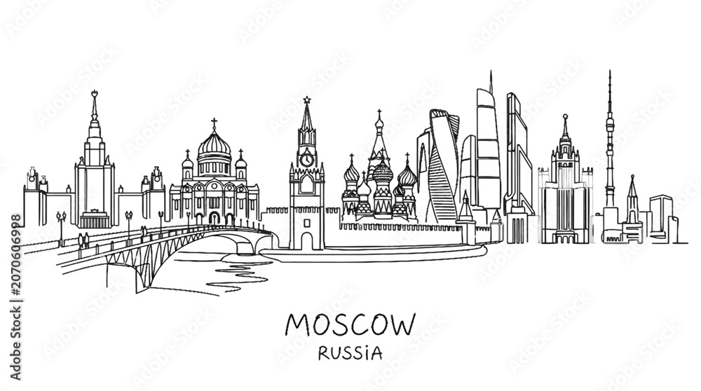 Fototapeta premium Minimalist continuous line illustration of Moscow's iconic skyline featuring historic and modern architecture with a river view
