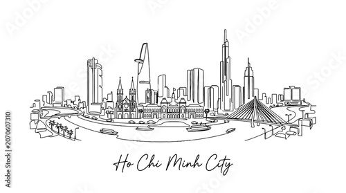 Minimalistic skyline illustration of Ho Chi Minh City showcasing iconic skyscrapers and bridges in a sleek line art style