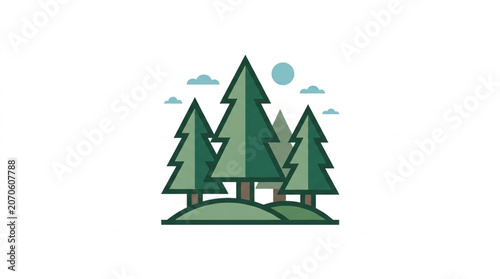 Bild auf Leinwand Stylized Evergreen Forest Scene with Moon and Clouds.