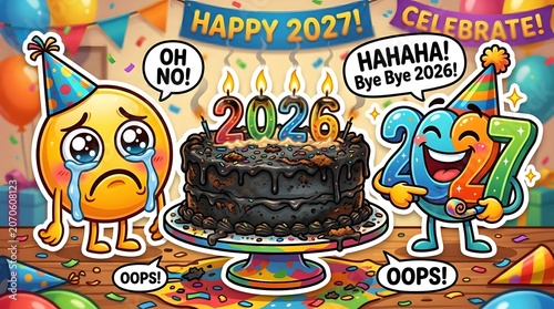 New year celebration cartoon with emojis and cake