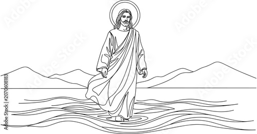 Cuadro en lienzo Jesus, Christ, walking, on, water, line, art, illustration, minimalist, vector, drawing, black, and, white, miracle, biblical, scene, religious, faith, christian