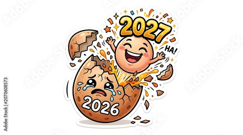 Cartoon illustration of 2026 exploding into 2027
