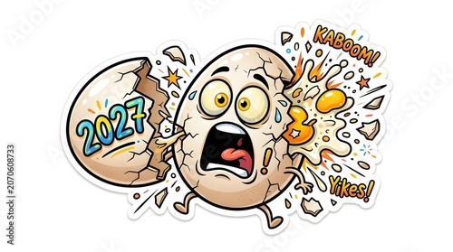 Cartoon egg character hatching with '2027' date and explosive reaction