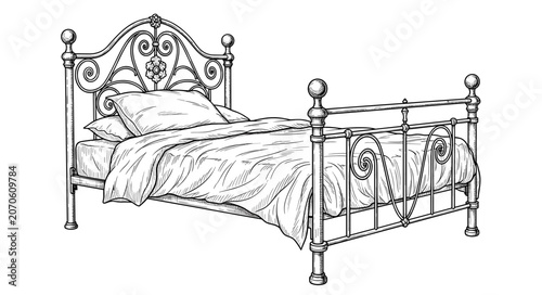 Photos Victorian, wrought, iron, bed, frame, with, ornate, headboard, and, footboard, vintage, furniture, line, art, illustration, for, bedroom, coloring, book, design
