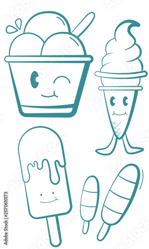 Cute Kawaii Ice Cream Characters Vector Set Pastel Colored Flat Style Dessert Illustration, Hand Drawn Cartoon Popsicle, Soft Serve, Ice Cream Cup, and Frozen Treat Collection