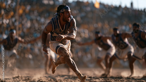 kabaddi raider mid-lunge across clay court holding breath, defenders bracing arms wide in defensive chain, packed village stadium crowd roaring, late afternoon September dust