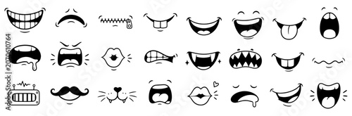 Photos Cartoon mouth expressions vector illustration set, black and white comic lips sm