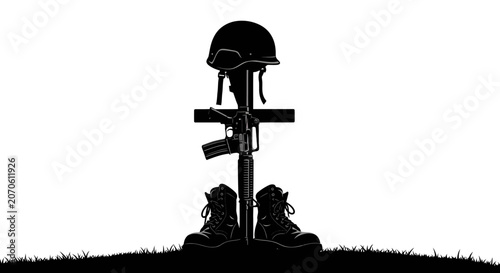Photos Memorial tribute with military helmet rifle