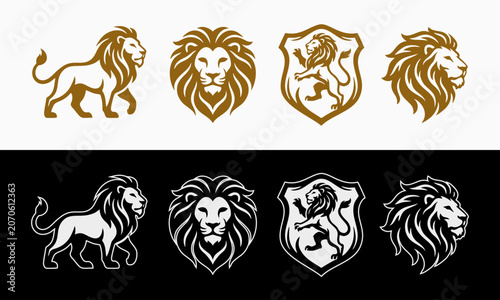 Premium Lion Logo Set: Luxury Heraldic Crests, Royal Emblems, Corporate Identity Branding Icons. Golden and Minimalist Vector Set for Business Security, Finance, and Law.