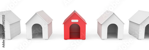 фотографія Red doghouse standing out among white doghouses