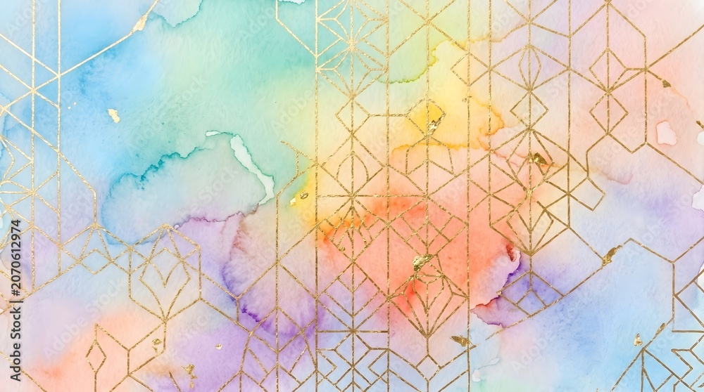 Fototapeta premium Geometric, watercolor background, gold lines, colorful texture, abstract design