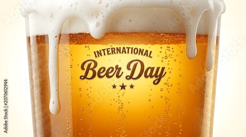International beer day celebration with a refreshing glass of golden cold lager beer with frothy white foam refreshment celebration beverage refreshing celebrate