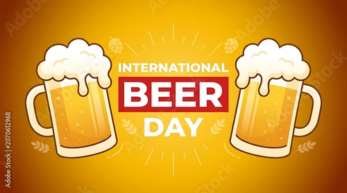 International beer day graphic design illustration featuring two frosty mugs of fresh golden beer celebration international beverage illustration refreshing