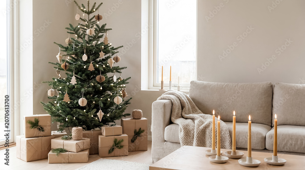 Obraz premium Scandinavian Christmas interior tree gifts wool blanket minimal holiday home minimal decorated tree wrapped packages and soft textiles create calm Nordic seasonal style in a bright living room for