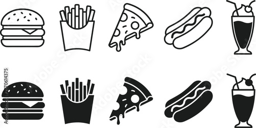 Fast Food Menu Icon Set with Hamburger French Fries Pizza Hot Dog and Milkshake Outline and Silhouette Symbols for Restaurant Ordering Applications