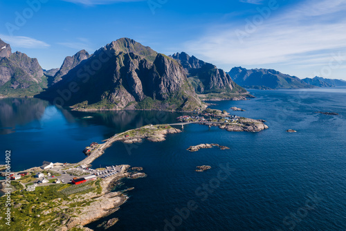 Obraz na plátně Aerial view shows Reine and Reinebringen in Lofoten, Norway