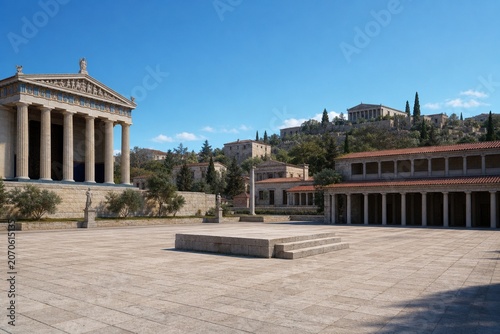 A reconstructed ancient Greek agora, empty stone plaza with a raised speaking platform at its center.