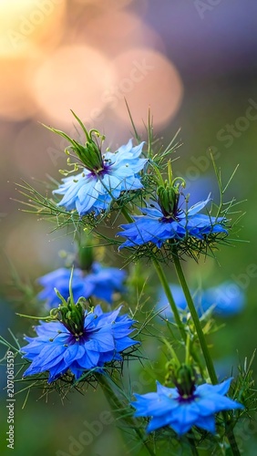 Blue Nigella Flowers Bokeh.