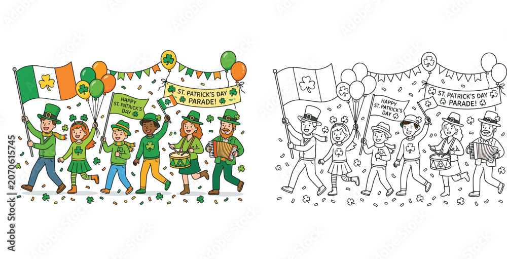 Fototapeta premium St. Patrick's Day Parade Illustration and Coloring Page Set Featuring Happy People, Children, Musicians, Irish Flag, Shamrocks, and Festival Decorations for Holiday Celebration