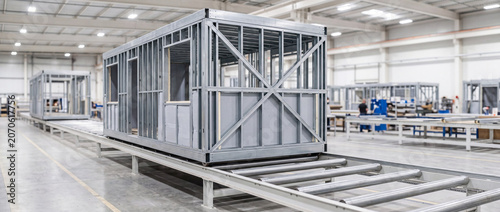 Prefabricated modular building frames on factory assembly line with steel structure and offsite construction production
