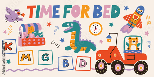 Canvastavla Playful Illustration Of Bedtime Objects And Alphabet Blocks