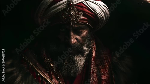 Europe medieval lifestyle. A closeup portrait of an elderly man, captured in a dramatic style. He wears a turban adorned with intricate red and gold embellishments and a long, white beard.