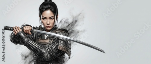 Warrior holding a sharp katana sword in a cinematic studio portrait