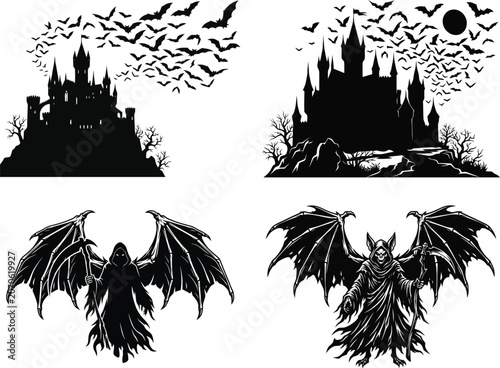 Dark fantasy castle under a moon with flying bats and dragons