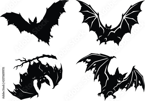 Black dragon bat flying silhouette vector illustrations