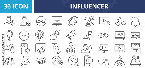 Influencer web banner icon set outline vector illustrations concept with icon  nternet, technology, online, media, woman, video, social media