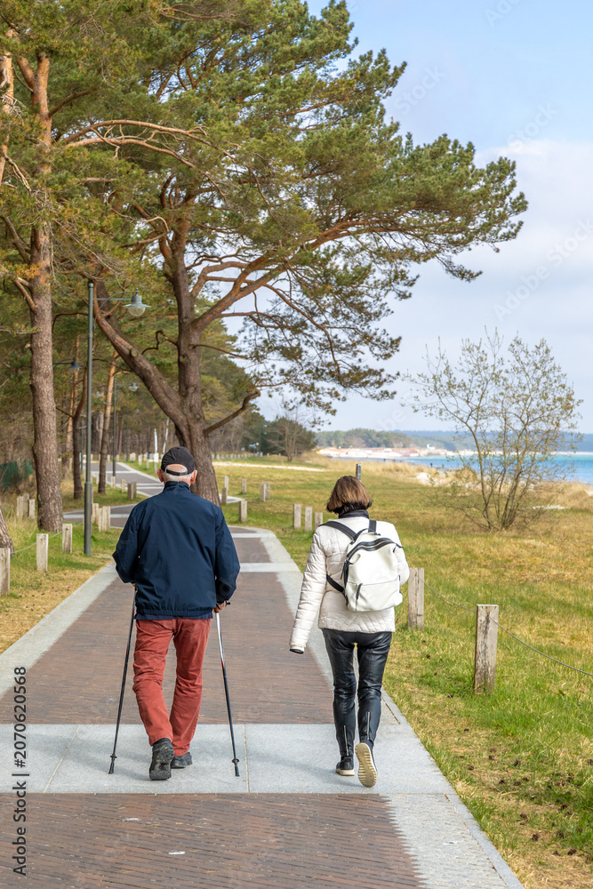 Fototapeta premium Two people on coastal path. Vertical seaside walking scene.
