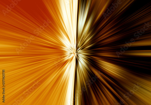 Abstract radial zoom blur in yellow, orange, brown and black tones, with the background split into two contrasting halves, creating a vivid directional burst of light and dynamic motion.